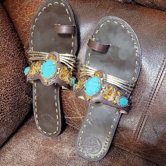 BCBG Shoes - BCBG Brown Sandals with Turquoise and Gold, Call Out,  Scratches Size 7.5 (408)